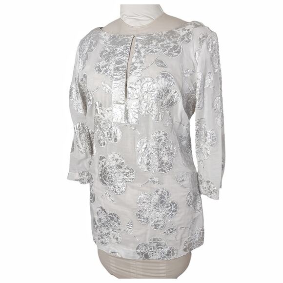 TORY BURCH White Cotton Tunic Metallic Silver Floral Embroidery Top Size L Clean - Picture 1 of 9